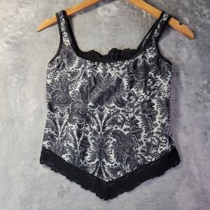 Arianne Vintage Corset Cami Top Black Silver Damask Brocade Lace Trim M Gothic